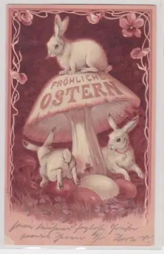 909065 geprägte Ak Fröhliche Ostern Hasen mit Fliegenpilz Jugendstil 1904