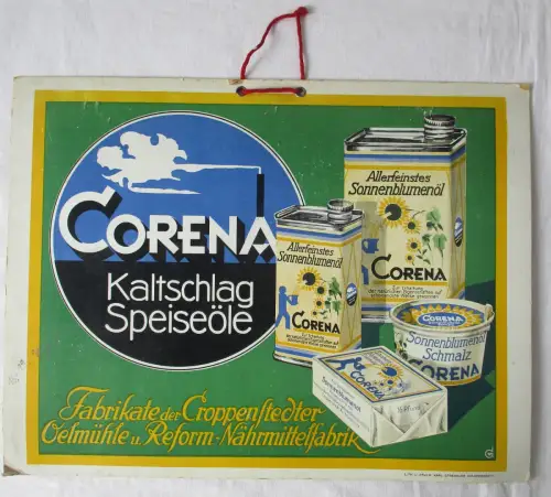 Reklame Pappschild Corena Kaltschlag Speiseöle Croppenstedter Ölmühle (101567)
