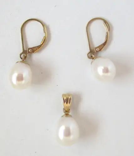 elegantes 585er Gold Schmuckset Kettenanhänger & Ohrstecker mit Perle (115974)