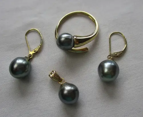 elegantes 585er Gold Schmuckset Kettenanhänger, Ring & Ohrringe Perle (120938)