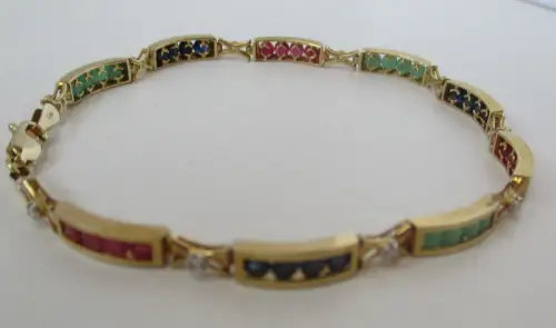 585er Gold Armband mit Rubinen, Saphiren, Smaragden und Diamanten (135810)