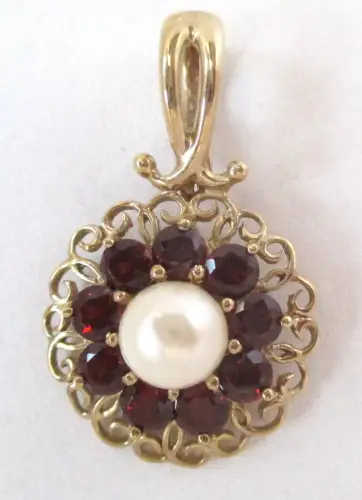 hochwertiger 375er Gold Ketten Anhänger mit Granaten und Perle (108308)