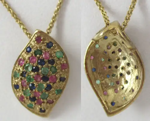 elegante 333er Gold Halskette mit Anhänger mit Saphir, Smaragd und Rubin(140921)