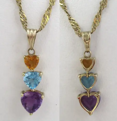 elegante 375er Gold Halskette mit 3 farbigem Anhänger in Herzform (132061)
