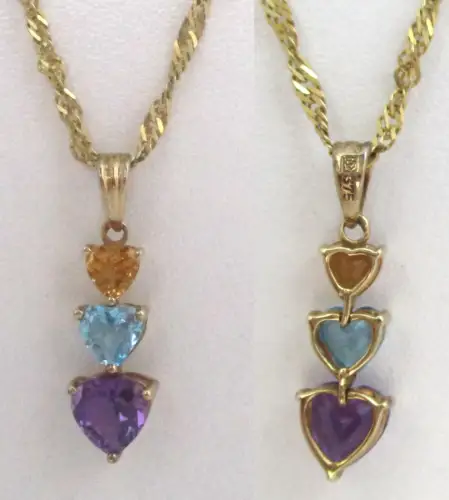 elegante 375er Gold Halskette mit 3 farbigem Anhänger in Herzform (131949)