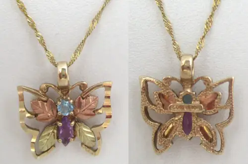 elegante 375er Gold Halskette mit mehrfarbigem Anhänger Schmetterling (130032)