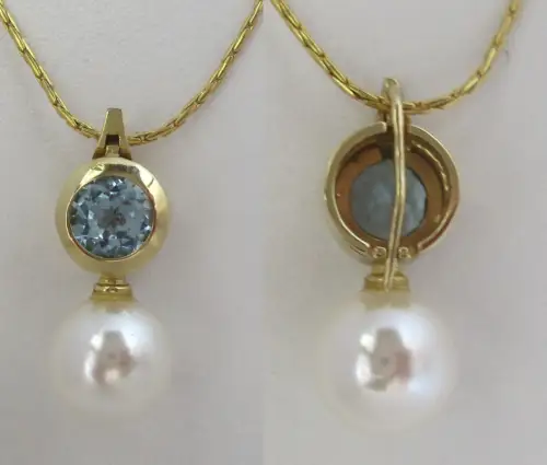 elegante 585er Gold Halskette mit Anhänger Perle und Aquamarin (145273)