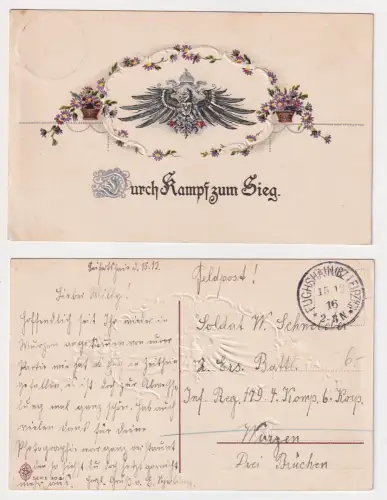 908932 geprägte Ak Propaganda 1. WK Durch Kampf zum Sieg Reichsadler Blumen 1916