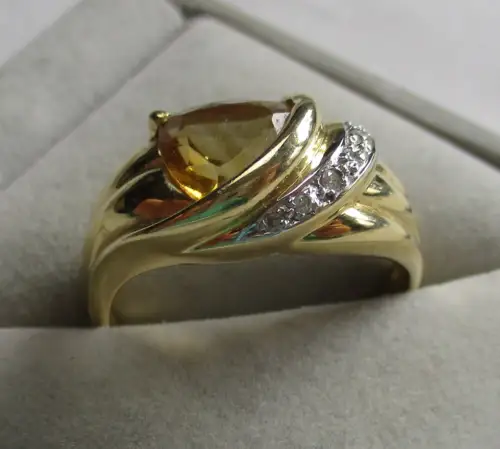 eleganter 585er Gold Damenring mit Citrin und 6 kleinen Diamanten (158757)