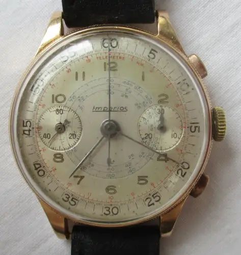 seltene Imperios Chronograph Armbanduhr in 750er Gold mit Lederarmband (132589)