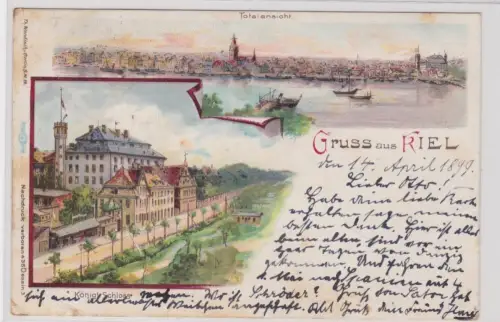 908805 Ak Lithografie Gruss aus Kiel Königl. Schloss + Totalansicht 1899