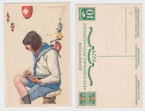 37435 Künstler Ak Ganzsache Schweiz Bundesfeier Taubstumme als Matrose 1925