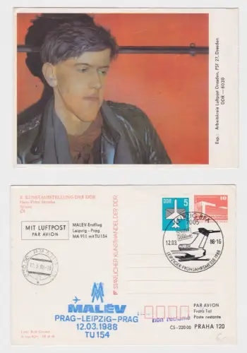 89568 Postkarte Luftpost MALEV Erstflug Leipzig-Prag 12.03.1988 Frühjahrsmesse
