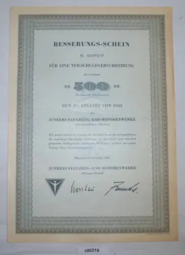 alte Aktie über 500 Reichsmark Junkers Flugzeug- und Motorenwerke 1942