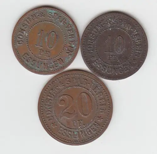 3 Bronze Münzen 2 x 10, 20 Pfennig Notgeld Consum Spar Verein Esslingen um 1920