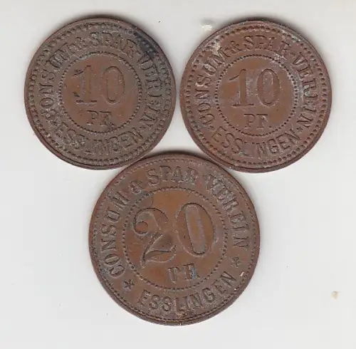 3 Bronze Münzen 2 x 10, 20 Pfennig Notgeld Consum Spar Verein Esslingen um 1920