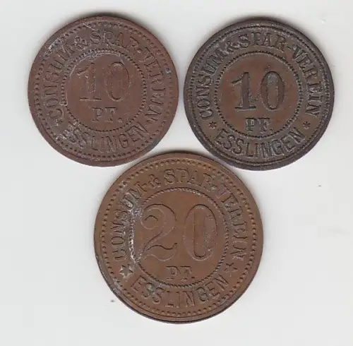 3 Bronze Münzen 2 x 10, 20 Pfennig Notgeld Consum Spar Verein Esslingen um 1920