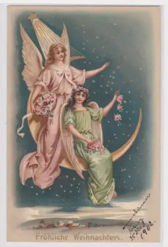 00018 Ak Fröhliche Weihnachten - 2 Engel sitzen auf Mondsichel vor Sternenhimmel