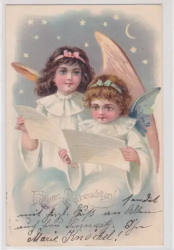 75718 Ak Fröhliche Weihnachten - zwei Engel lesen Notenblätter 1901