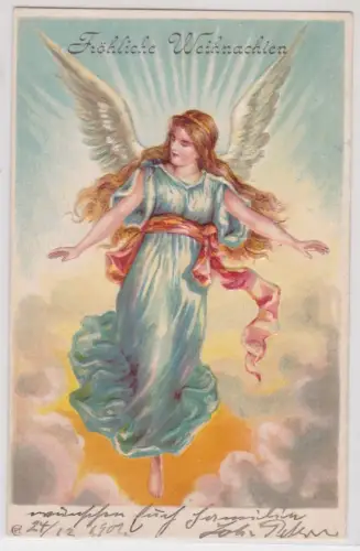 67282 Ak Fröhliche Weihnachten Engel vor Heiligenschein schwebt über Wolken 1902