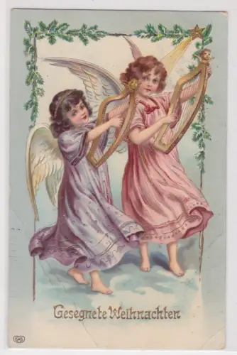 84590 Ak Gesegnete Weihnachten - zwei Harfen spielende Engel 1910