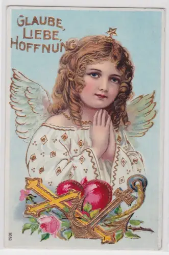 51243 Ak Glaube Liebe Hoffnung - Engel betet vor Devotionalien, Bahnpost 1911
