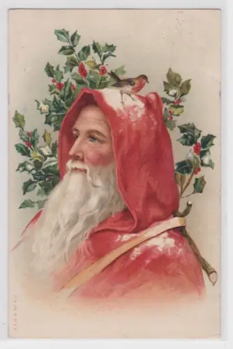 51181 Ak Weihnachtsmann vor Mistelzweigen und Rotkehlchen auf dem Kopf 1912