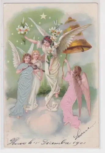 29113 Seiden Ak Engel musizieren mit Glockengeläut unter Sternenhimmel 1901