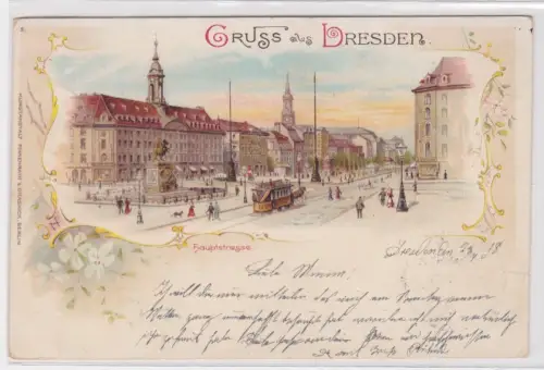 909372 Ak Gruss aus Dresden - Hauptstrasse, Platz mit Denkmal + Straßenbahn 1898