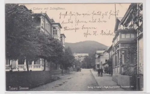 908826 Ak Tabarz mit Schießhaus, Straßenansicht mit Kutsche 1901