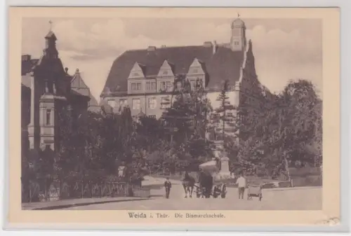 908820 Ak Weida in Thüringen - Die Bismarckschule davor Fuhrwerk