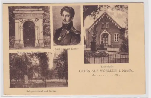 910730 AK Gruss aus Wöbbelin - Grabstätte, Kriegerdenkmal, Körnerhalle, Kirche