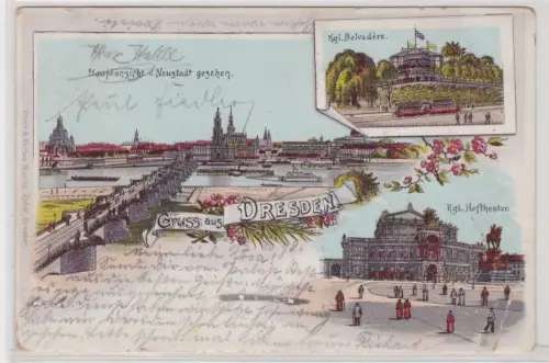 910746 Litho AK Gruss aus Dresden - Belvedère, Hoftheater, Elbpromenade 1898
