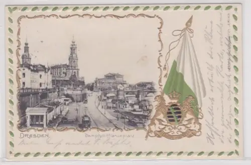909817 AK Dresden - Dampfschifflandeplatz davor Straßenbahn 1903