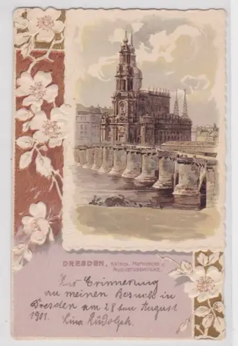 909824 Präge AK Dresden - Katholische Hofkirche und Augustusbrücke 1901