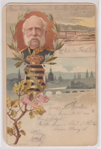 909822 AK Gruss aus Dresden - Providentia Memor, Königsportrait + Wappen 1898
