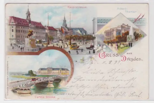 909819 AK Gruss aus Dresden - Hauptstrasse, Albert-Theater, Carola Brücke 1897