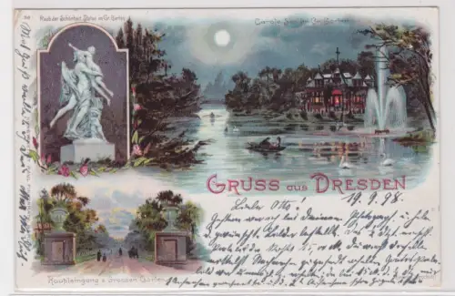 909821 AK Gruss aus Dresden Carola-See im Gr. Garten, Haupteingang + Statue 1898