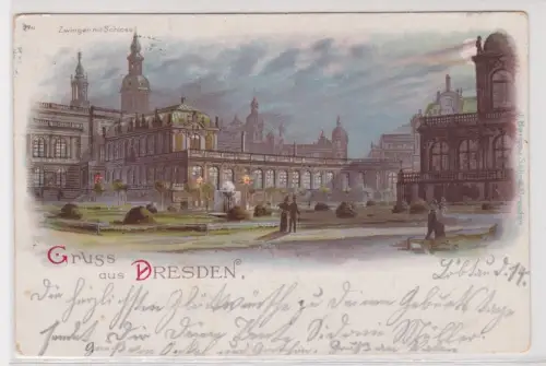 909825 AK Gruss aus Dresden - Zwinger mit Schloss Parkpartie im Abendlicht 1899