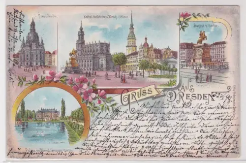 909827 AK Gruss aus Dresden - Hofkirche, Schloss, Frauenkirche, Palais 1898