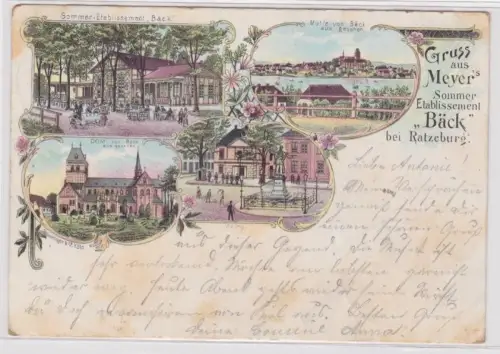 81686 Ak Lithographie Gruß aus Meyers Etablissement "Bäck" bei Ratzeburg 1898