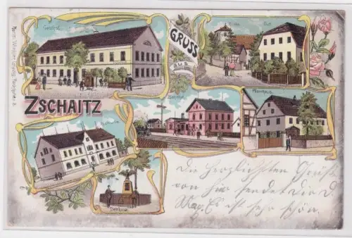 903415 Ak Lithographie Gruß aus Zschaitz Bahnhof, Gasthof usw. 1906