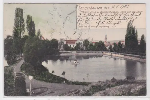 909978 AK Sangerhausen - Dreier Teich und Krankenhaus, Blick auf die Stadt 1903