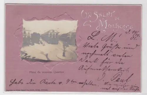 907673 Passepartout AK Un Salut de Mulhouse - Place du nouveau Quartier 1901