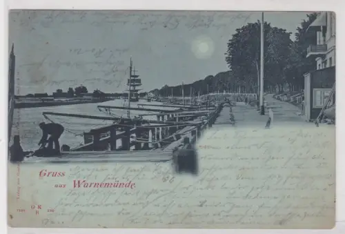 910783 Mondschein Ak Gruss aus Warnemünde 1900
