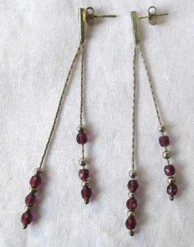 lange 925er Silber Ohrringe mit jet 2 Ketten und 3 lila Steinen (134613)