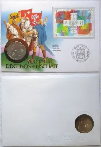 Numisbrief mit 20 Franken Silber Münze Schweiz 1991 Stgl. (131331)
