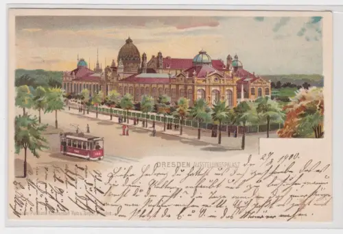 909781 Ak Lithografie Dresden Ausstellungspalast mit Straßenbahn davor 1900