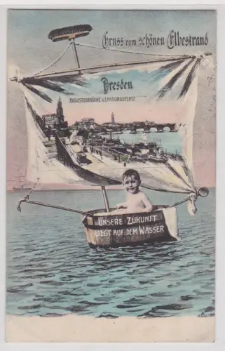 909779 Künstler Ak Gruss von schönen Elbestrand Dresden Junge im Badezuber 1906