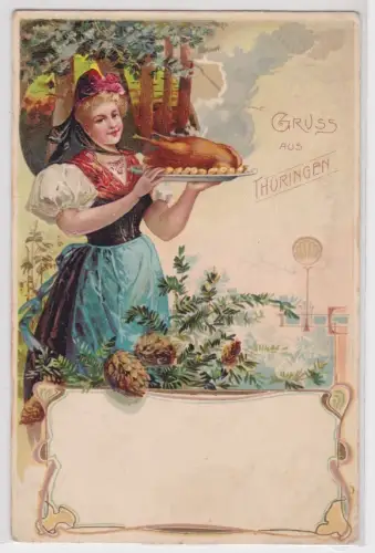 910668 Lithographie Präge Ak Gruss aus Thüringen - Frau mit Tracht und Braten